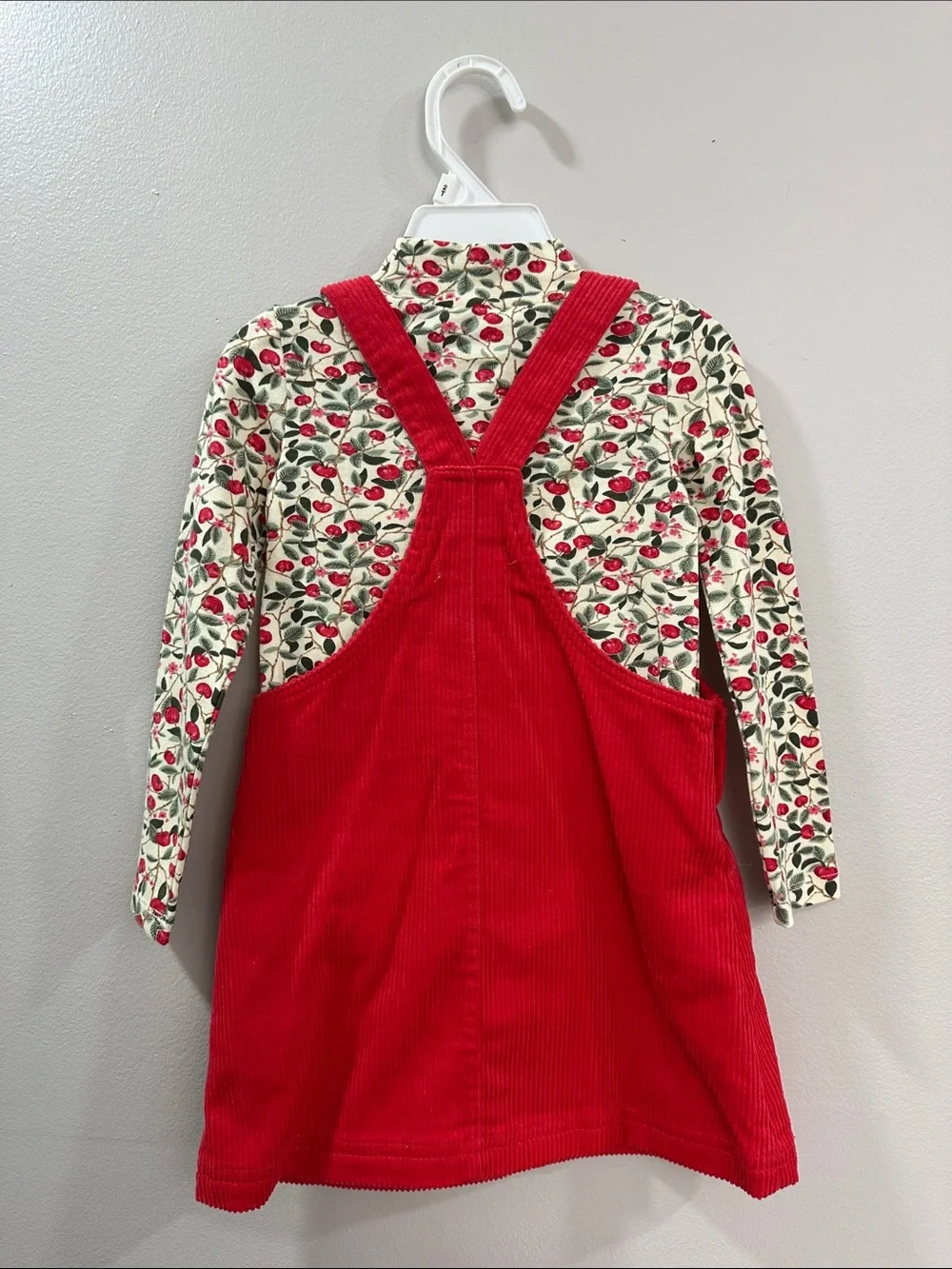 Isaac Mizrahi Red Corduroy Pinafore Dress with Cherry Print Tee